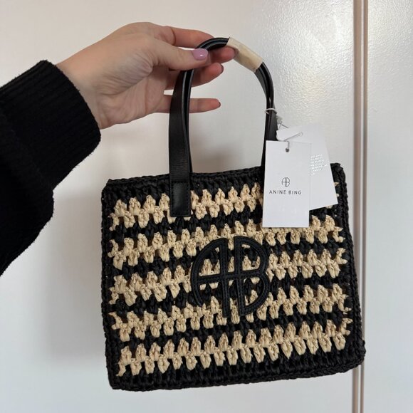 NWT Anine Bing Rio Logo Small Tote Bag Woven Seagrass Raffia Striped Pattern - Picture 5 of 9